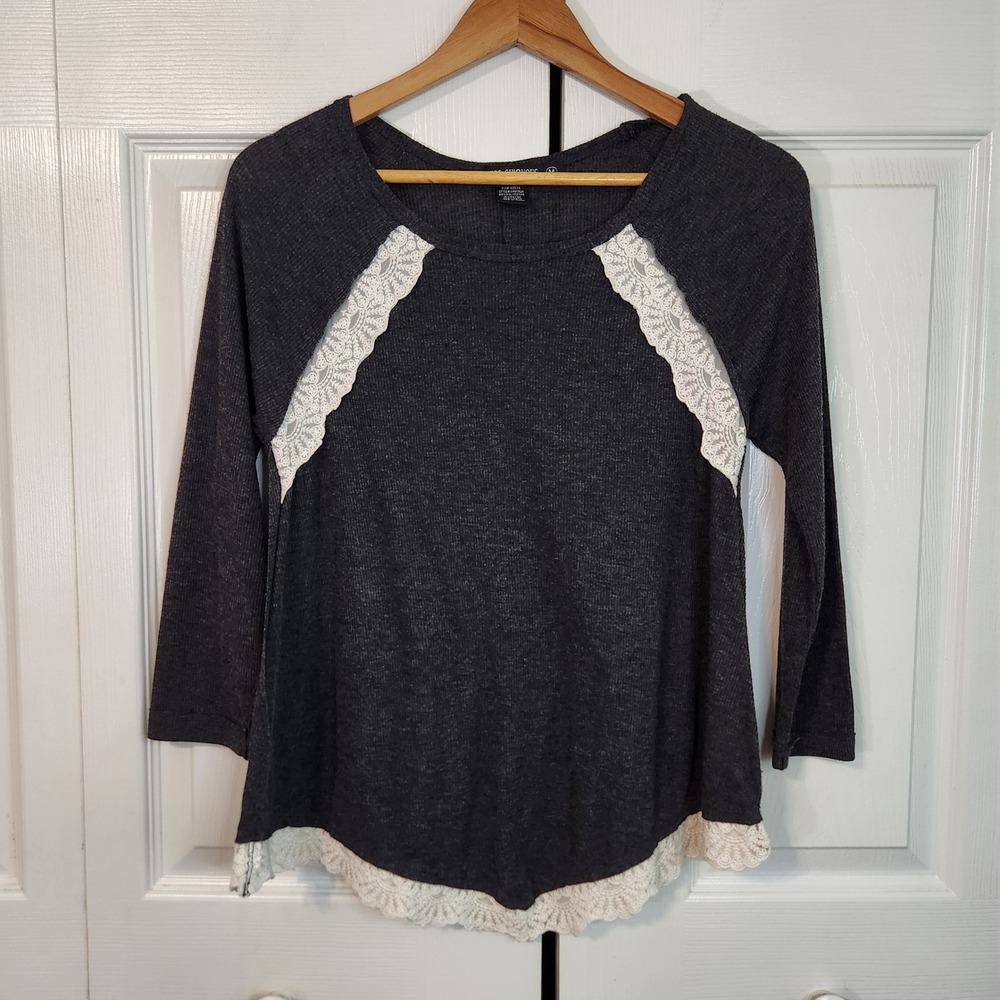 Miss Chievous Charcoal Gray Lace Trim Thermal Knit Top Long Sleeve Medium Boho